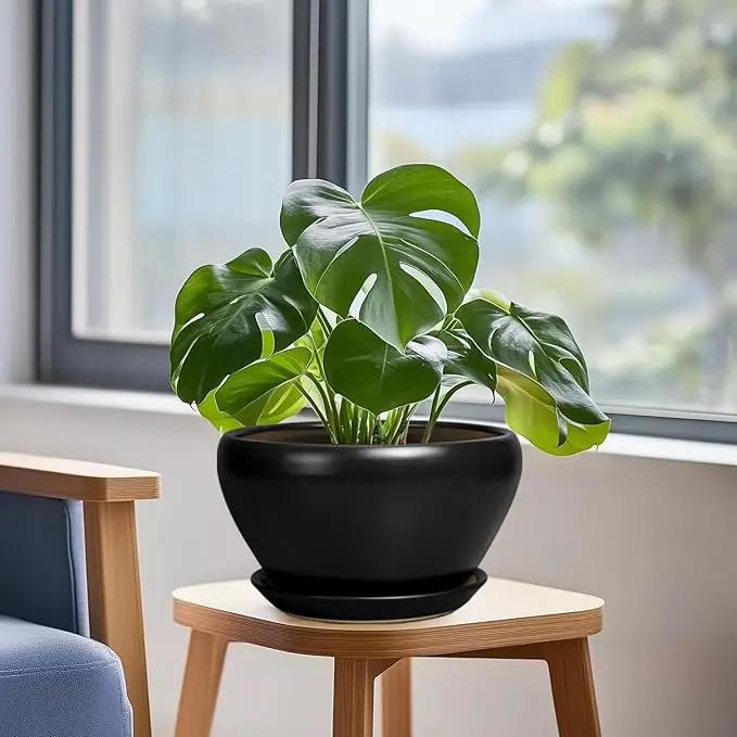 Plant Pot Large 9 Inch - Ceramic Pots for Plants with Drainage Hole and Saucer Round Planter for Indoor Plants Decorative Outdoor Flower Pot Large for House Balcony Black by GreenHaven Gardens