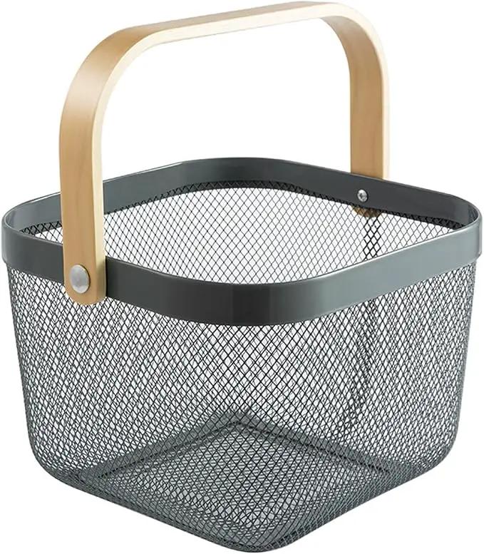 Metal Mesh Steel Basket, Storage Organizer Basket Multi-functional Hanging Kitchen Baskets Fruit Basket with Wooden Handle for Kitchen Bathroom Picnic Shopping Decor Cabinet Home, Grey by GreenHaven Gardens