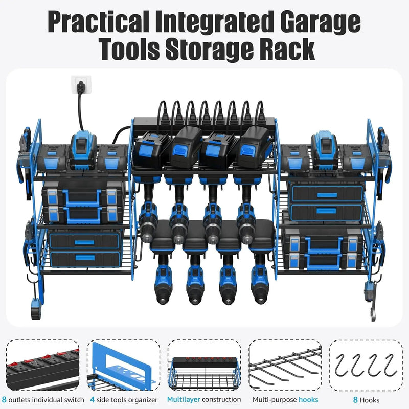CCCEI Blue Power Tool Organizer Wall Mount, Large Tools and Battery Storage Rack Charging Station Individual Switches. Drills Holder, Garage Utility Shelves with 6FT Power Strip. Gift for Men. by GreenHaven Gardens