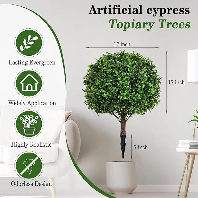 Artificial Olive Leaf Boxwood Topiary Ball Trees, Set of 2 UV Resistant 16in Outdoor Plants – Artificial Bonsai, Miniature Trees, Garden, Curb Appeal by GreenHaven Gardens