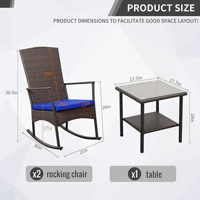 Outdoor Rocking Chairs Set - 3 High-Backed Patio Rockers with Bistro Table & Anti-Slip Cushions, Dark Blue by GreenHaven Gardens