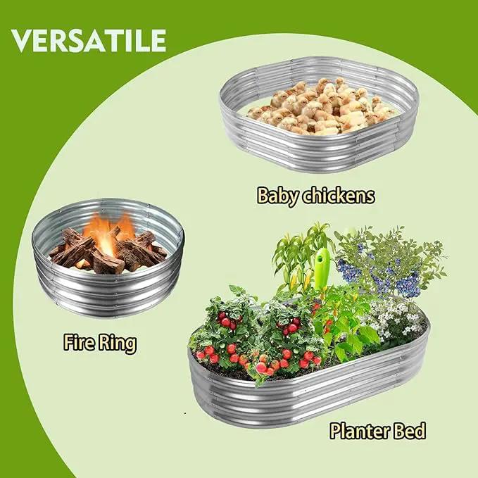 60X32X12 Inches Oval Galvanized Metal Garden Raised Bed/Plant Box for Planting,32 Inches Diameter Iron Fire Pit Ring,Small Animal Fence-3 in 1 Modular Design in Silver (5X2.7X1 FT, Oval) by GreenHaven Gardens