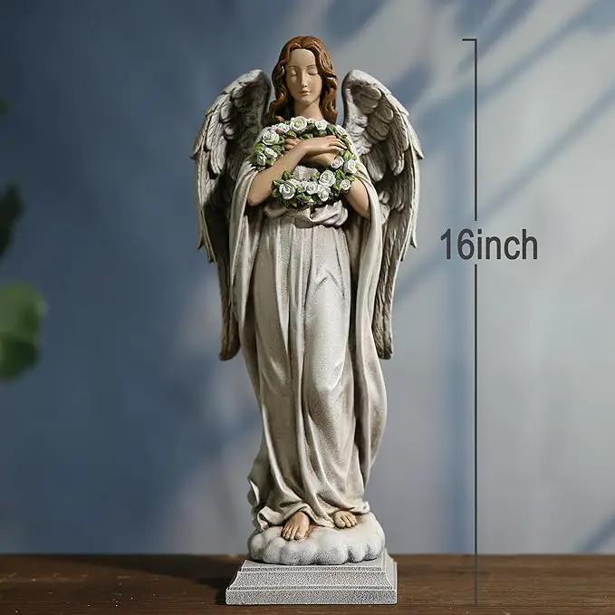 Garden Angel with Flower Wreath Statue - 16" Outdoor Memorial Angel Decor by GreenHaven Gardens