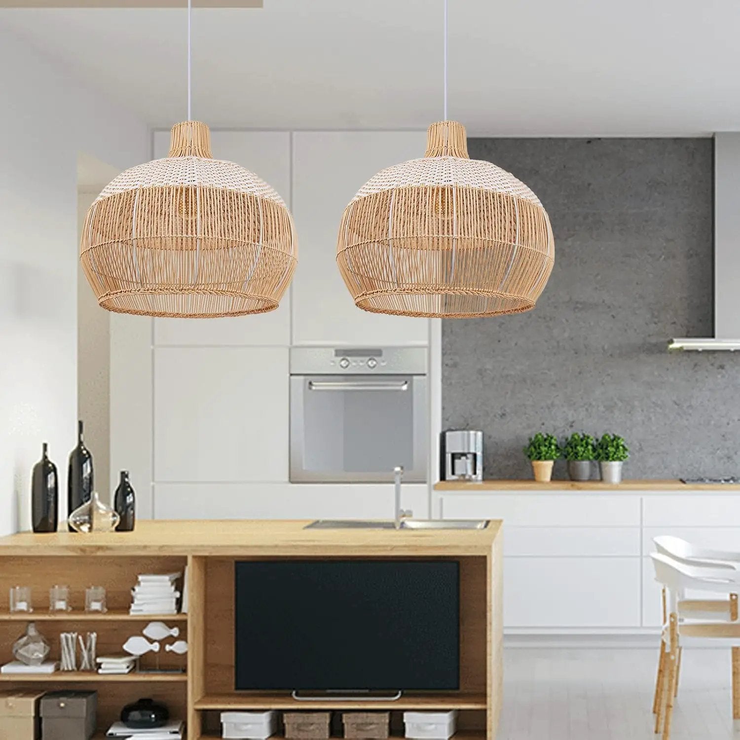 Arturesthome 1 Light White Rattan Pendant Light for Kitchen Island Sink,19.6" Wicker Chandelier, Handmade Woven Hanging Ceiling Light Lampshade by GreenHaven Gardens