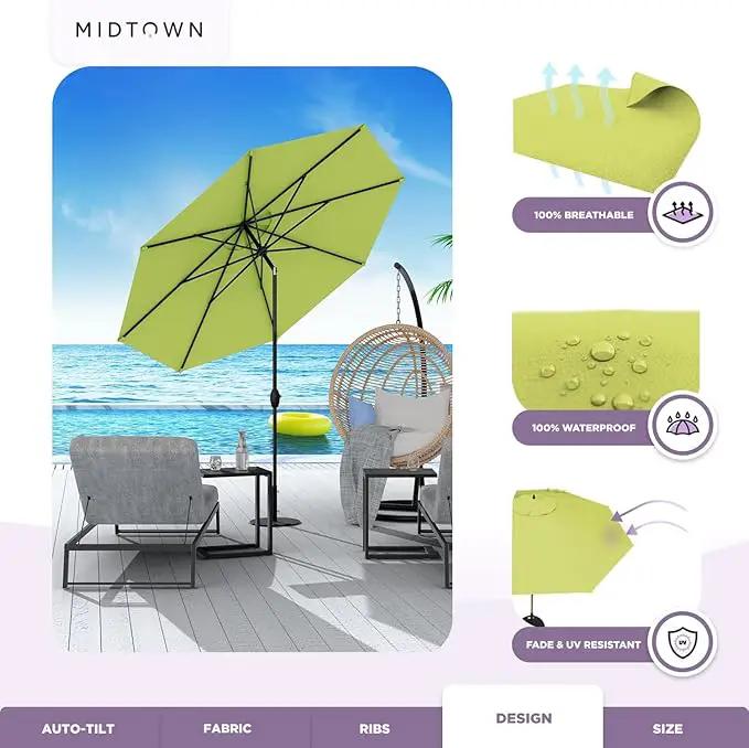 Midtown Umbrellas Sunbrella Umbrella 10 Feet Large Outdoor Umbrella With Sunbrella Macaw Acrylic Fabric - Auto-Tilt Aluminum Frame Large Patio Umbrella For Backyard, Deck, Garden, Pool - Black Pole by GreenHaven Gardens