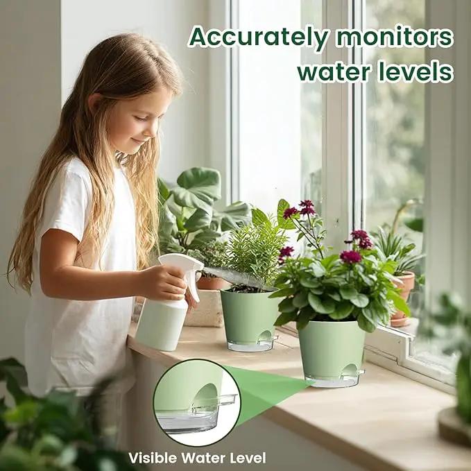 4 inch Self Watering Pots for Indoor Plants, 5 Pack Small Flower Plant Pots with Drainage Holes and Clear Reservoirs, Visible Water Level, Plastic Planters with Wicking Rope, Green by GreenHaven Gardens