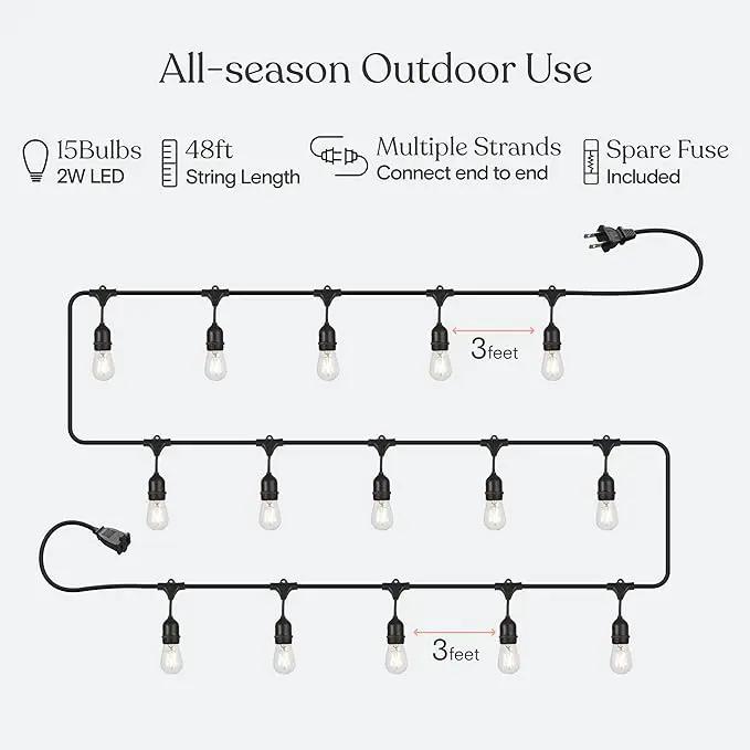 Brightech Ambience Pro - Waterproof LED Outdoor String Lights - 15 Hanging, Dimmable 2W Vintage Edison Bulbs - 48 Ft Commercial Grade Patio Lights Create Cafe Ambience in Your Backyard by GreenHaven Gardens