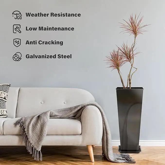 KOL 28''H. Tall Galvanized Steel Glazed Planter with Insert, Set of 2, Planter Pots for Indoor & Outdoor Use, Decorative Flower Plant Pots with Drainage Hole for Front Porch, Patio, Deck - Black by GreenHaven Gardens