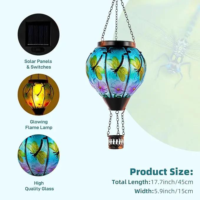 Dragonfly Solar Hot Air Balloon Lantern with Flame, Glass Hot Air Balloon Solar Lantern Outdoor Waterproof, Decorative Hanging Hot Air Balloon Solar Light for Outside Garden Patio Yard by GreenHaven Gardens