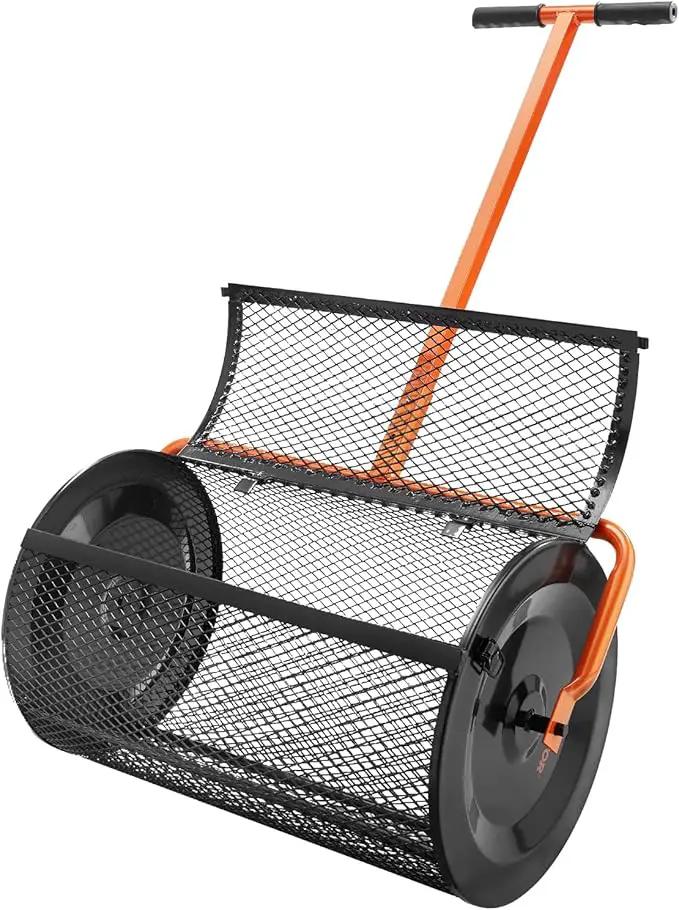 VEVOR Compost Spreader, 24.4-25.6" Height Adjustable Handle, 24" Wide, Lawn and Garden Peat Moss Roller with Side Latches, Powder Coated Steel Mesh Basket for Spreading Manure, Topsoil, Black by GreenHaven Gardens