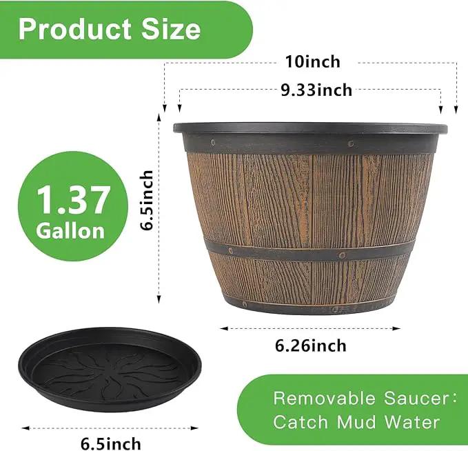10-inch-Plant-Pots-Indoor-Outdoor, 4 Pack Whiskey Barrel Planters with Drainage Holes & Saucer, Plastic Flower Pots Imitation Wine Barrel Design, Decorative Garden Pots for Plants by GreenHaven Gardens