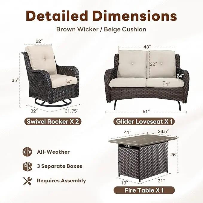 4 Piece Patio Furniture Set with Fire Pit Table - 41inch 50000 BTU Propane Fire Pit Table with High Back Loveseat Glider Chair and 2 Swivel Rocker Chair for Casual Gathering by GreenHaven Gardens