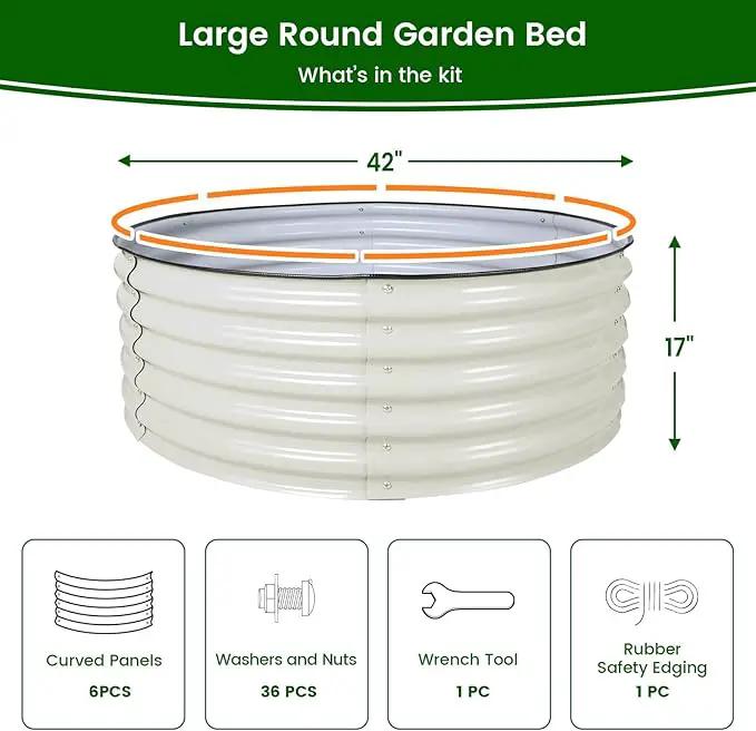 Olle 17" Tall, 42" Round Metal Raised Garden Bed Kits, Planter Raised Beds for Gardening, Raised Flower Bed Galvanized Planter Box, 3.5 * 3.5 * 1.4Ft,Ivory by GreenHaven Gardens