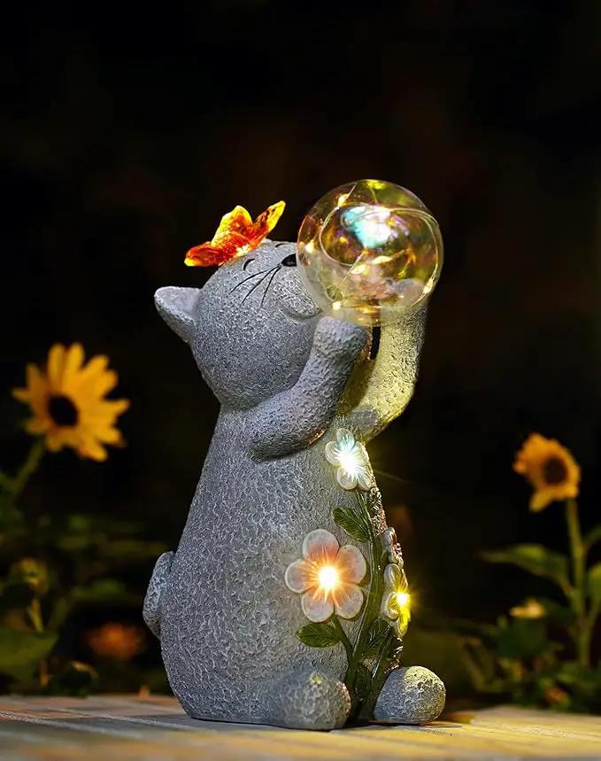 Goodeco Solar Cat Garden Statue - Outdoor Cat Decor with Solar Butterfly & Succulent Flowers LED Lights for Cat Lovers and Garden Enthusiasts - Ideal Gifts for Mom & Birthdays by GreenHaven Gardens