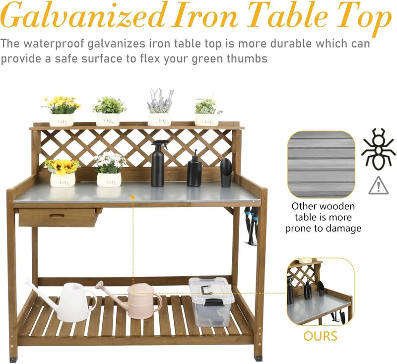 Garden Potting Bench with Metal Tabletop,Outdoor Potting Table Workstation Benches with Drawer/Storage Shelf，Fir Wood Potting Station Work Table with Open Shelf,Lattice Back (Brown) by GreenHaven Gardens
