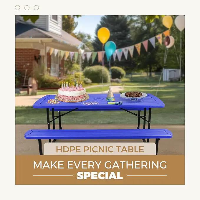 OEF Furnishings Heavy Duty Blow Molded Folding Picnic Table - Blue, Black Fram by GreenHaven Gardens