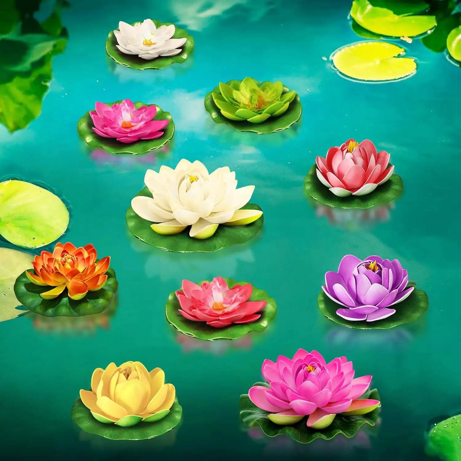 Artificial Lotus Flowers Water Lilies for Pond Pool, 10 Pcs Realistic Floating Foam Lotus Flowers with Lily Pads for Ponds, 4" and 6" Large Lifelike Water Lilies for Fountain Garden Pond Decoration by GreenHaven Gardens