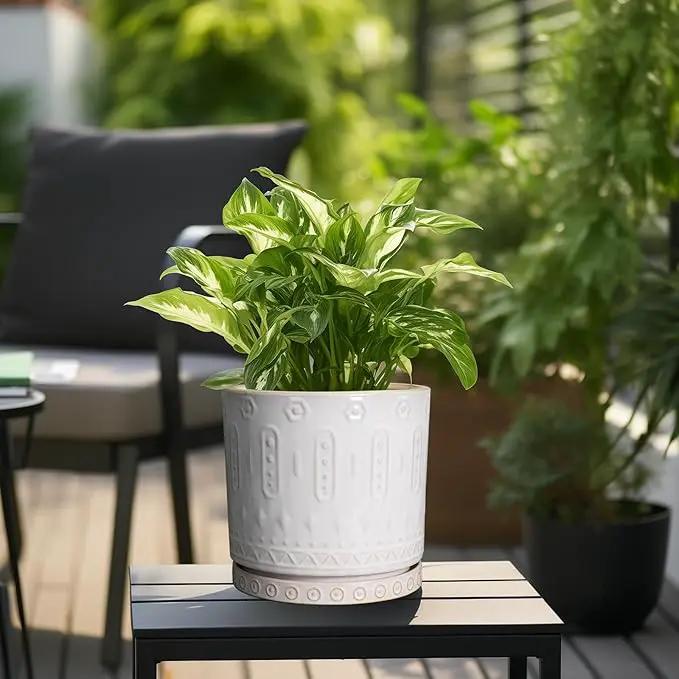 Ceramic Planter Pot - 10 Inch Plant Pot for Indoor Outdoor Plants Round Large Flower Pot with Drainage Holes and Saucer for Home Garden Patio Decor White by GreenHaven Gardens