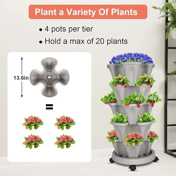 DUNCHATY Stackable Planter, Vertical Garden Planter with Wheels and Garden Tools, Strawberry Planter Indoor/Outdoor 5 Tier Herb Planter Pots for Growing Vegetables and Succulents,Gray by GreenHaven Gardens