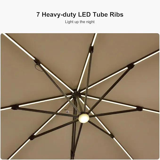 PURPLE LEAF 10 Feet Patio Umbrella with Base Outdoor Cantilever Solar Powered LED Square Umbrella Aluminum Offset Umbrella with 360-degree Rotation for Garden Deck Pool Patio, Beige by GreenHaven Gardens