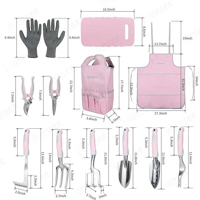 Pink Garden Tool Sets 12 Pieces, iHansee Aluminum Gardening Hand Tools with Non-Slip Handle, Kneeling Pad, Apron, Gloves and Organizer Bag, Landscaping Tools - Gift for Women & Garden Enthusiasts by GreenHaven Gardens