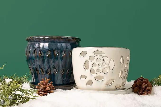 rePotme 5 inch Orchid Pot - Floral Cutout Ceramic Orchid Pot with Holes (White Diamond) - Includes 5 inch Slotted Pot Liner by GreenHaven Gardens