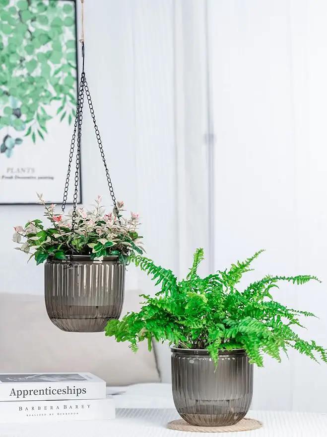 6.5 Inch 2 Pcs Self Watering Hanging Planter Indoor Plant Pots Drainage Holes, Outdoor Hanging Planters Flower Pot Basket, Visible Water Level, Plant Hanger Home Decor, Gardening by GreenHaven Gardens