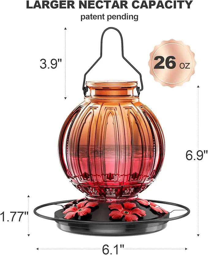 Glass Hummingbird Feeder for Outdoors Hanging, 26Oz Bird Nectar Feeder with Perch & 5 Flower Feeding Ports, Leak Proof for Outside Garden Decor Backyard, Gifts for Women Mom, Clear & Red by GreenHaven Gardens