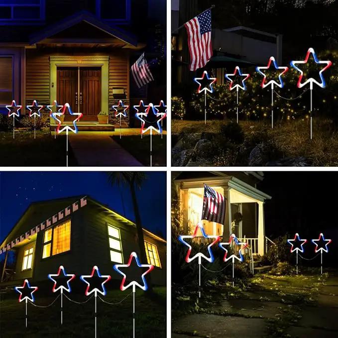 4th of July Decorations Red White and Blue Light, 4PCS Big LED Neon Star Pathway Lights Outdoor, Patriotic Garden Stake Lights with 8 Modes Waterproof for Independence Day Yard Lawn Decor by GreenHaven Gardens