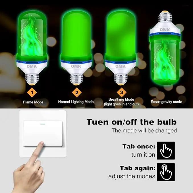 OMK 4 Pack Green Light Bulbs, Christmas Flame LED Light Bulbs Decorations Flickering/Breathing/Ligting/Gravity 4 Modes Flame Bulb for Bars Hotel Yard Porch Party Outdoor Decorative Holiday Gifts by GreenHaven Gardens