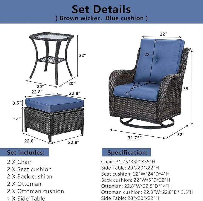5 Pieces Patio Furniture Sets Wicker Outdoor Furniture, Rattan Patio Swivel Glider Chairs with 2 Ottoman and Glass Side Table by GreenHaven Gardens