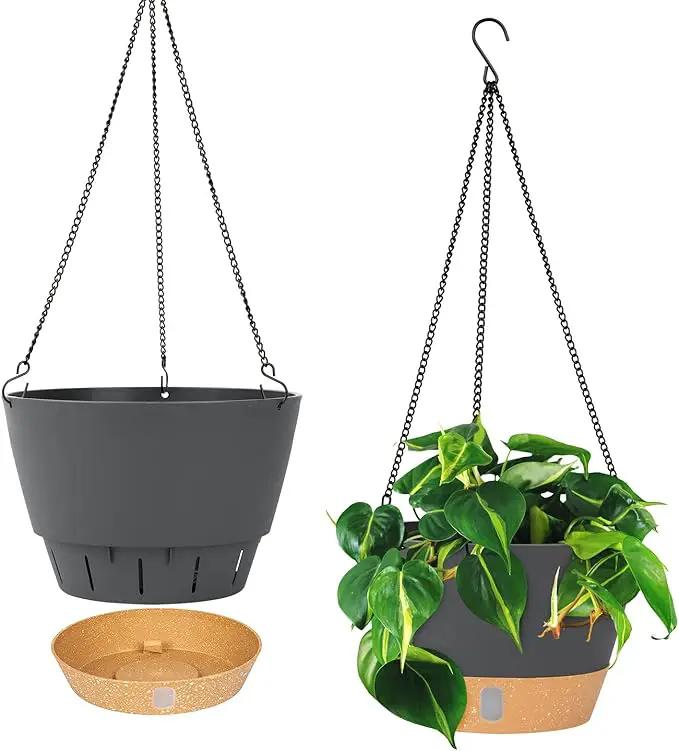 QCQHDU 2 Pack 10 inch Hanging Planters for Indoor Plants, Outdoor Hanging Baskets, Self Watering Pots with Drainage Holes & Removable Tray (Dark Grey, 10 inch) by GreenHaven Gardens