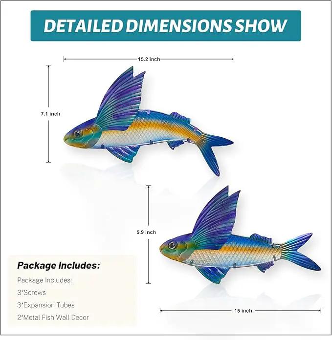 LIFFY Metal Fish Wall Decor -Outdoor Metal Fish Wall Decor - Indoor Art Sculpture - Hanging Decorations for Home, Garden, Bedroom, Sculptures, Ocean, Pool(Flying Fish Set 2,15 inch) by GreenHaven Gardens