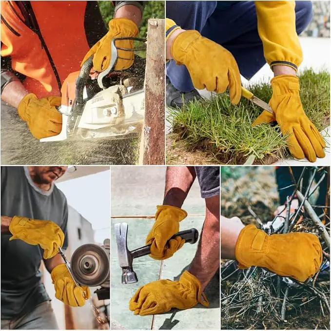 OZERO Leather Work Gloves Flex Grip Tough Cowhide Gardening Glove for Men and Women (Gold With Mesh Lining (1 Pair), X-Large) by GreenHaven Gardens