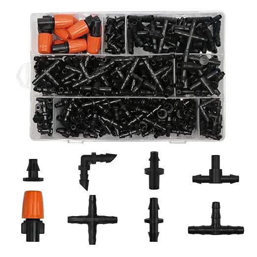 280 Pcs Drip Irrigation Fittings Kit for 1/4" Tubing, 1/4 Inch Drip Irrigation Barbed Connectors (Nozzles, Nozzle Tees, Single Barbs, Couplings, Tees, Elbows, Plugs, Crosses) for Garden System by GreenHaven Gardens