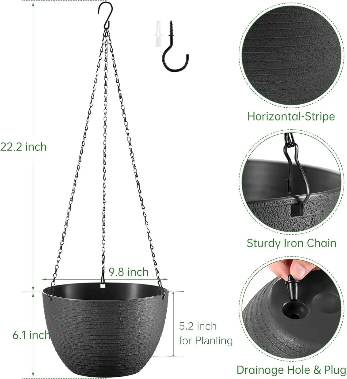 Hanging Planters for Indoor Outdoor Plants, Set of 2 Self Watering Hanging Pots with Drainage Hole & Plug and 20" Chain & Hooks by GreenHaven Gardens