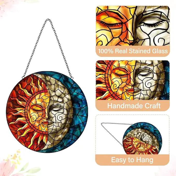 Sun and Moon Suncatcher Stained Glass Window Hanging - Handmade Stain Glass Suncatchers with Chain - Sun Catchers Indoor Window Glass Panel for Home Decor Garden Thanksgiving Valentines Day Gifts by GreenHaven Gardens
