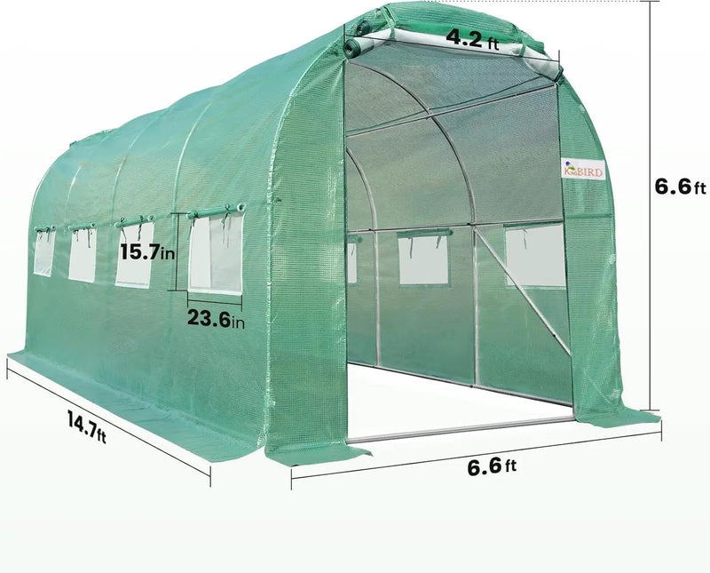 KING BIRD Premium 15x6.6x6.6FT Greenhouse for Outdoors, Large Walk-in Heavy Duty Galvanized Steel Frame, Mesh Door Screen Window Upgraded Zipper Tunnel Hoop for Garden Plant Winter, Green by GreenHaven Gardens