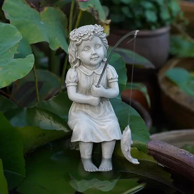 Goodeco Fishergirl Statue Garden Decor - 11" Little Fishing Guy for Koi Pond or Waterfalls, Poolside Statue with Glow in Dark Pebbles Included, Great Gifts for Mom, Women or Birthdays, Gift Ideas by GreenHaven Gardens