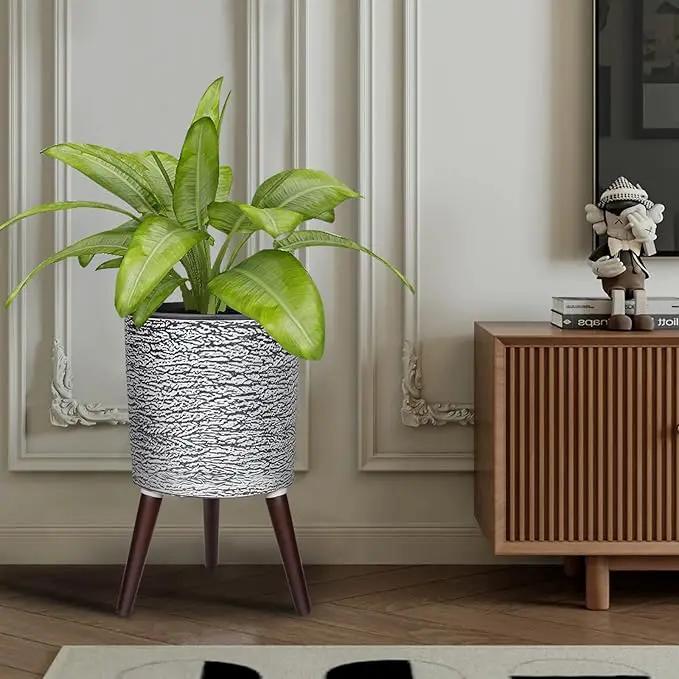 12 Inches Plant Pots with Stand Mid Century Flower Pots with Wood Legs Large Mode Cylinder Planter with Drainage Holes for Indoor Plants,Garden,Decorative-Grey by GreenHaven Gardens