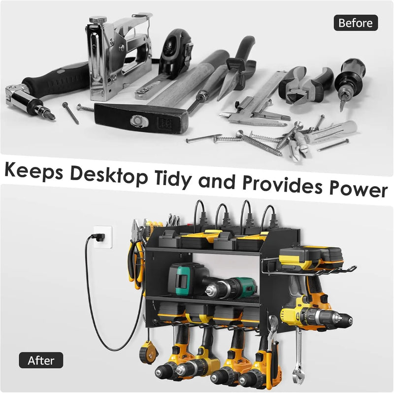 CCCEI Modular Power Tool Organizer Wall Mount Charging Station, Black 6 Drills Holder with 8 Plug Power Strip 10FT, Garage Drill Battery Heavy Duty Metal Shelf, Utility Rack with Hooks, Side Storage. by GreenHaven Gardens