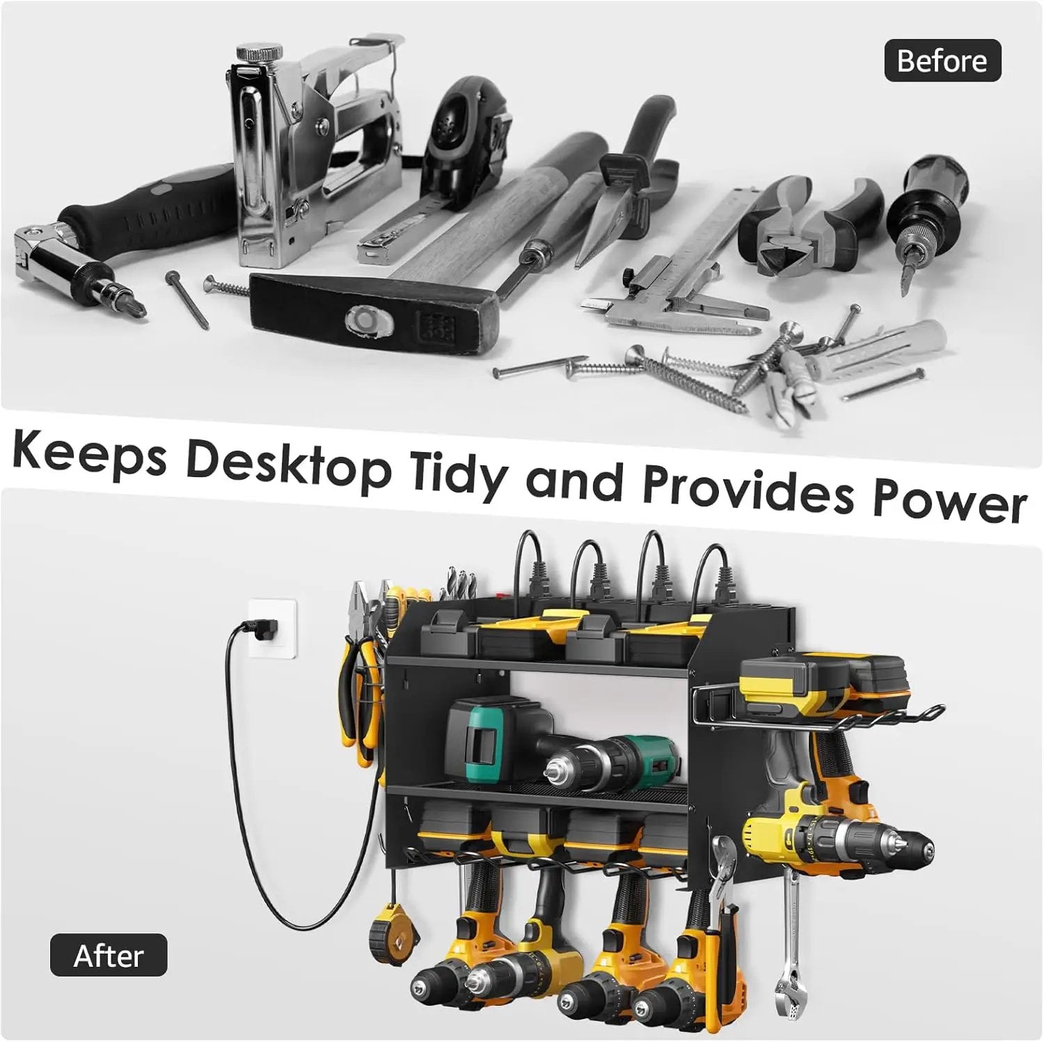 CCCEI Modular Power Tool Organizer Wall Mount Charging Station, Black 6 Drills Holder with 8 Plug Power Strip, Garage Drill Battery Heavy Duty Metal Shelf, Utility Rack with Hooks, Side Storage. by GreenHaven Gardens