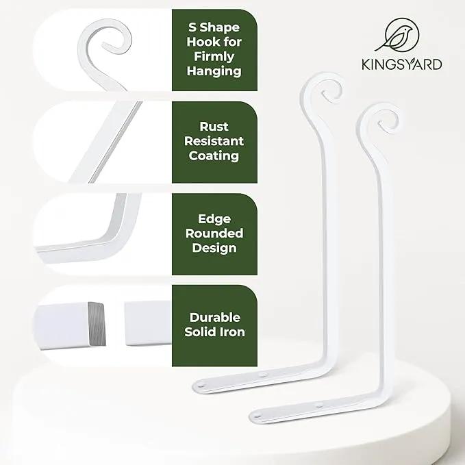 Kingsyard 2-Pack Wall Plant Hanger Outdoor - Heavy Duty Metal Hanging Bracket Hooks for Hanging Plant Bird Feeders Lanterns Wind Chimes Outdoor & Indoor, 15-Inch/White by GreenHaven Gardens