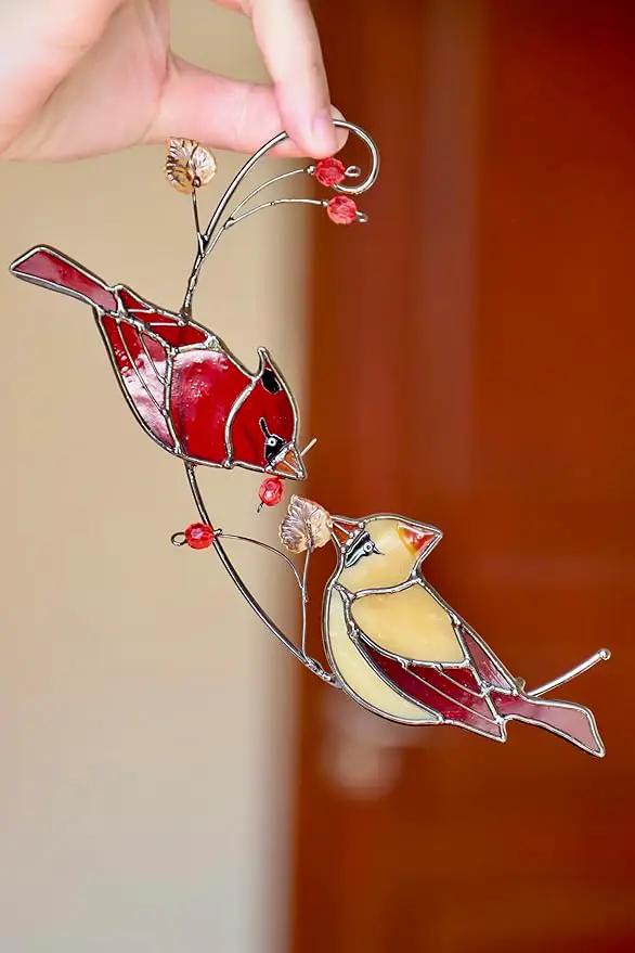 Cardinal Stained Glass Suncatchers for Windows Hanging Decorative,Couple Red Love Birds Sun Catchers for Christmas Ornaments,Real Stained Glass Cardinal Memorial Gifts for Women/Mom by GreenHaven Gardens