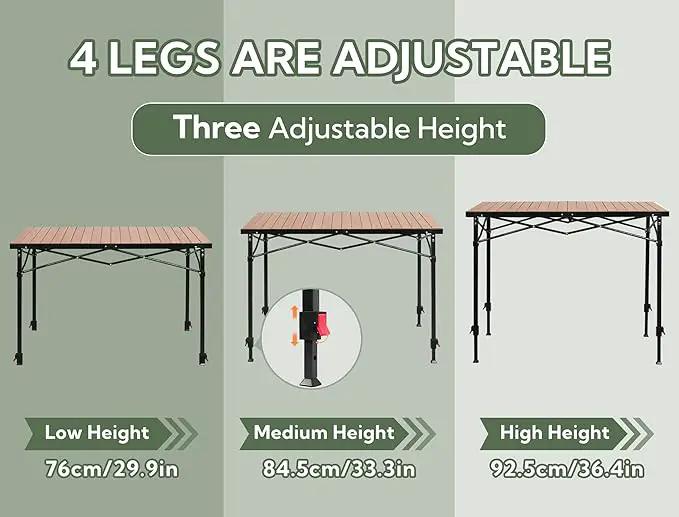 Portable Outdoor Adjustable Height Camping Table, Large for 2-6 Person, Foldable Roll-up Aluminum Camp Table with Carry Bag for Picnic, Camp, Sturdy, Stable, Loads 220 Lbs