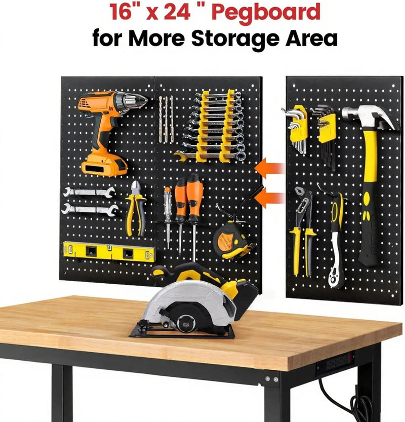 Workbench with Double Layers 48 x 20 Inch Heavy Duty Rubberwood Tabletop Work Table for Garage Adjustable Height Work Bench with Power Outlets Pegboard Pad for Woodworking Shop, Home, Office by GreenHaven Gardens