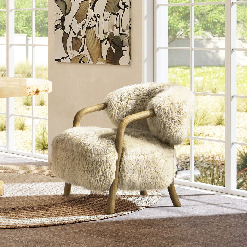 Becker - Rustic Oak Sheepskin Upholstered Accent Arm Chair - Taupe Beige by HouseOfZazla