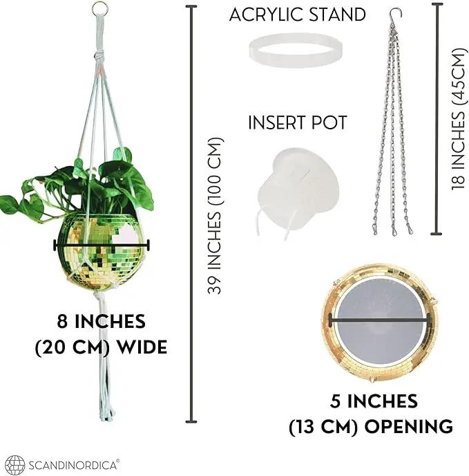 SCANDINORDICA Disco Ball Planter – Value Package: Mirror Disco Planter with Chain, Macrame Hanger and Acrylic Stand for Desk, Includes Self Watering Insert, Disco Decor | 8 inch Gold by GreenHaven Gardens