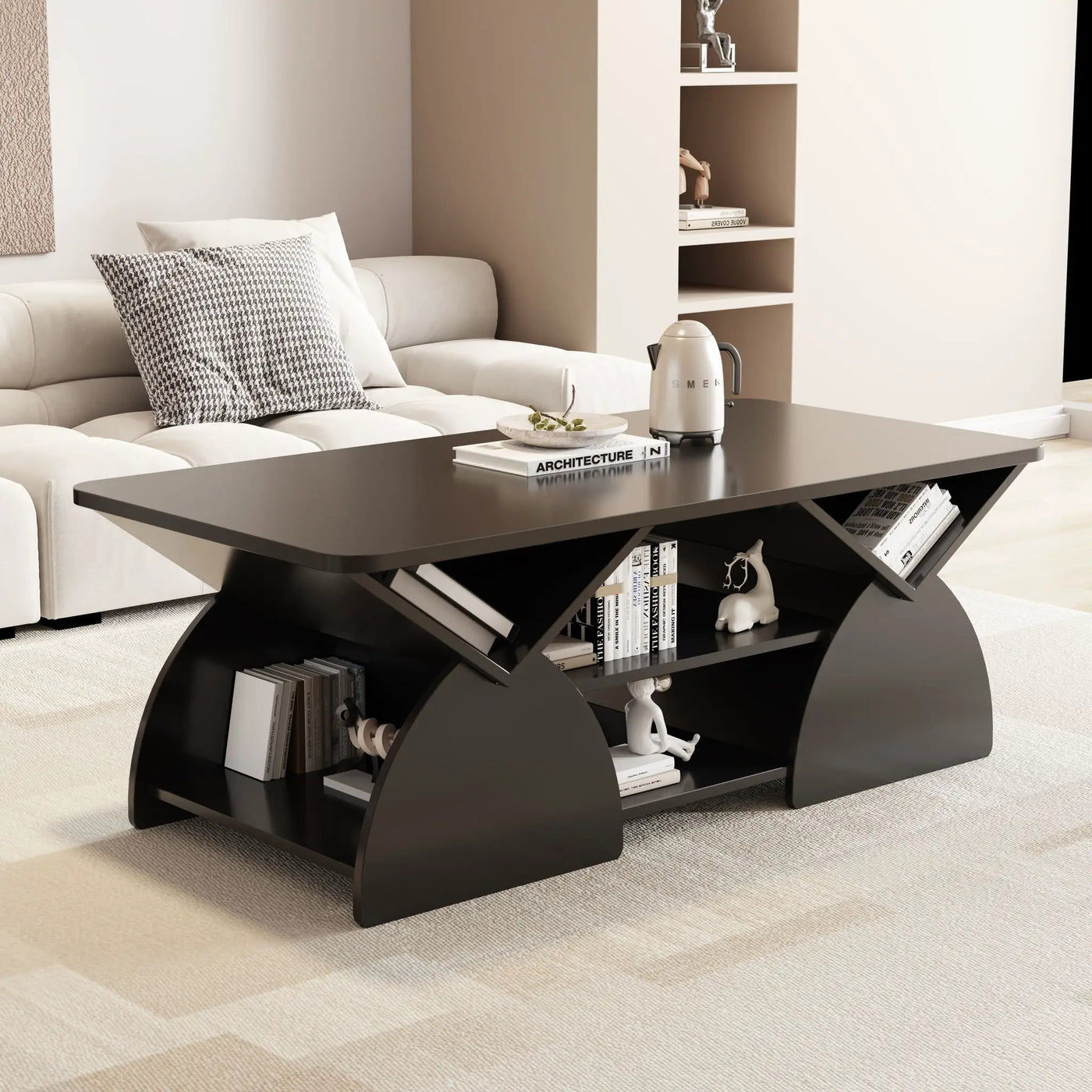 Geometric Engineered Coffee Table with Rounded Corners and Open Shelves by HouseOfZazla