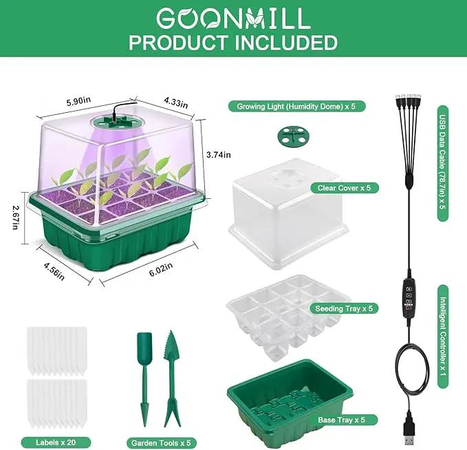 GOONMMILL Seed Starter Tray with Timed Grow Light, 5 Packs Plant Starter Tray Seedling Starter Kit with Humidity Domes Base Indoor Greenhouse Mini Propagator Station for Seeds Growing Starting by GreenHaven Gardens